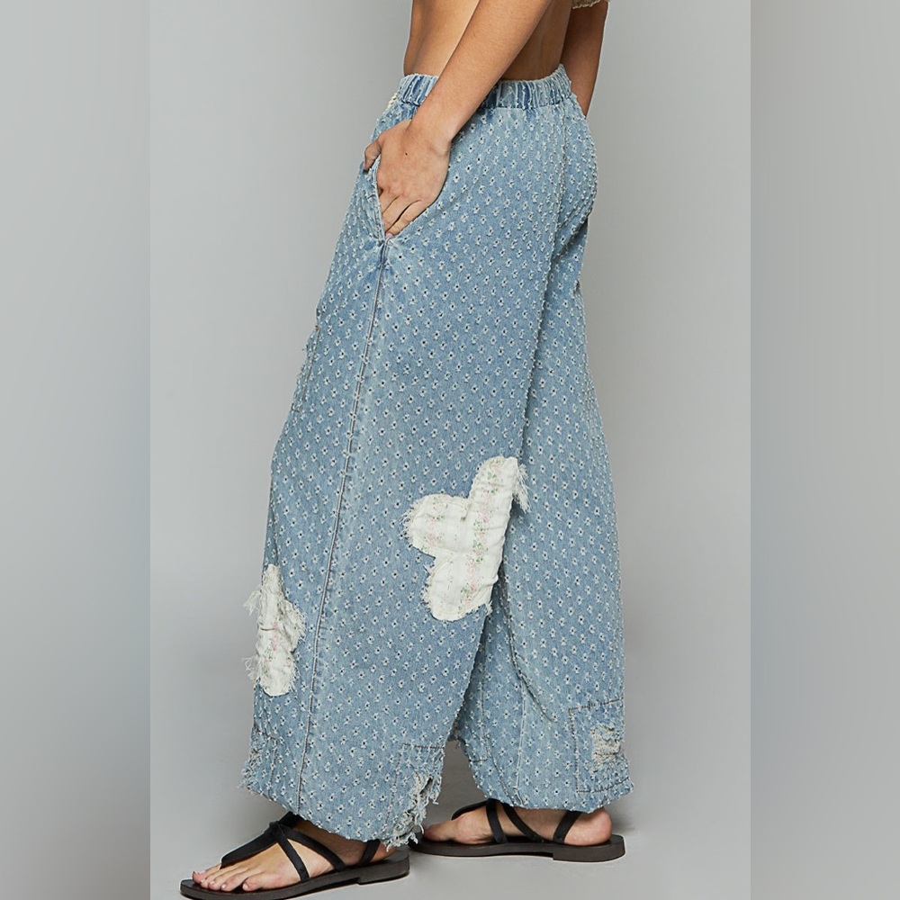 POL Light Blue Distressed Patchwork Wide-Leg Jean… - image 2